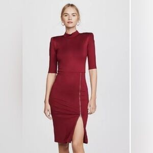 Alice + Olivia Delora Dress Sz 6 Crimson Red Sheath Midi Mock Neck Zip Slit